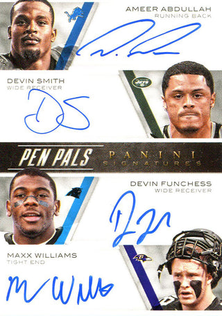 Ameer Abdullah, Devin Smith, Devin Funchess, Maxx Williams, Tevin Coleman, Jeremy Langford, David Cobb, Stefon Diggs Autographed 2015 Panini Pen Pals Signature Card Front