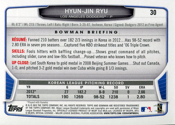 Hyun-Jin Ryu Unsigned 2013 Bowman Rookie Card