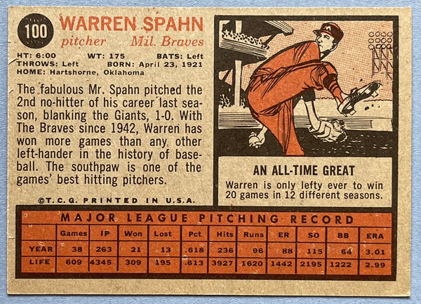 Warren Spahn 1962 Topps baseball Card #100