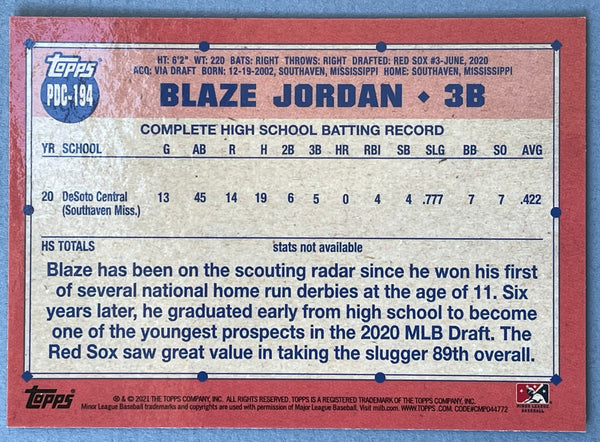 Blaze Jordan 2021 Topps Pro Debut Rookie Card PDC-194