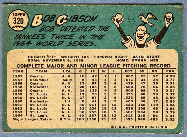 Bob Gibson1965 Topps baseball Card #320