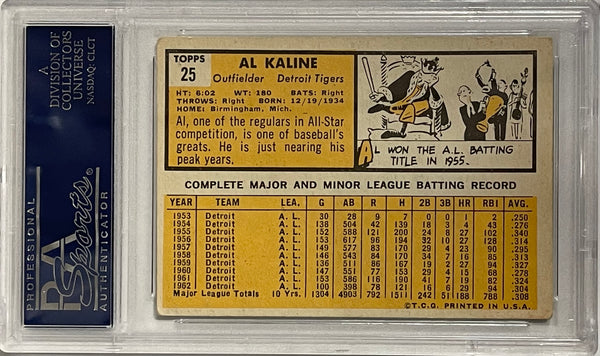Al Kaline Autographed 1963 Topps Card #25 (PSA)