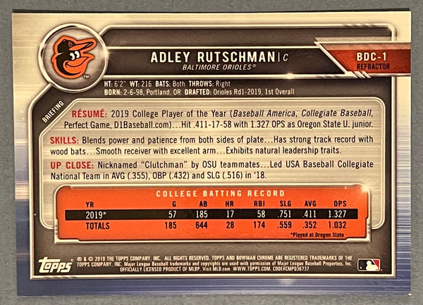 Adley Rutschman 2019 1st Bowman Chrome Rookie Refractor Card #BDC-1