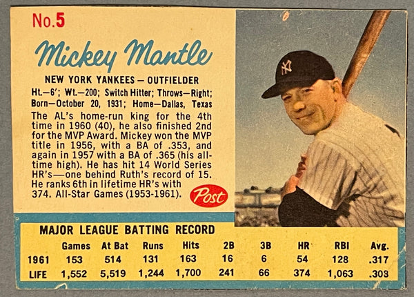 Mickey Mantle 1962 Post Cereal Baseball Card #5 With Ad on back
