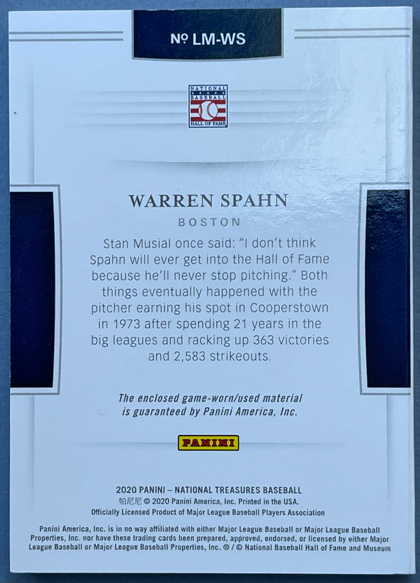 Warren Spahn 2020 National Treasures Legendary Materials Booklet Card #53/99