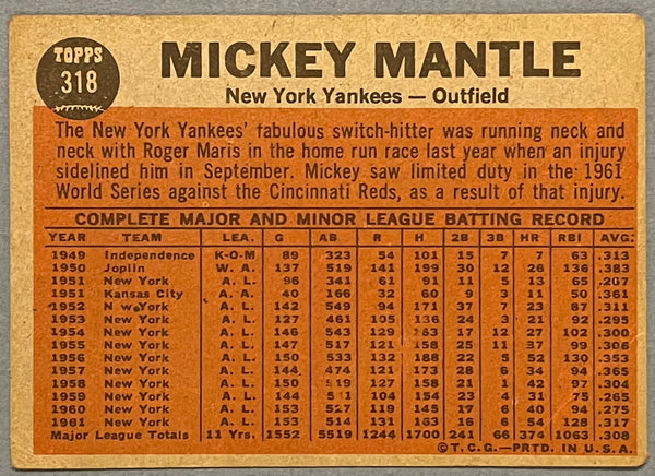 Mickey Mantle 1962 Topps Baseball Card #318 The Switch Hitter Connects