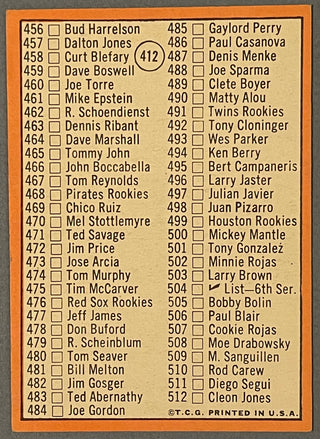 Mickey Mantle 1969 Topps Baseball Card #412 Mickey Mantle Checklist Unmarked