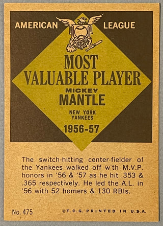 Mickey Mantle 1961 Topps Baseball Card #475 AL Most Valuable Player 1956-57