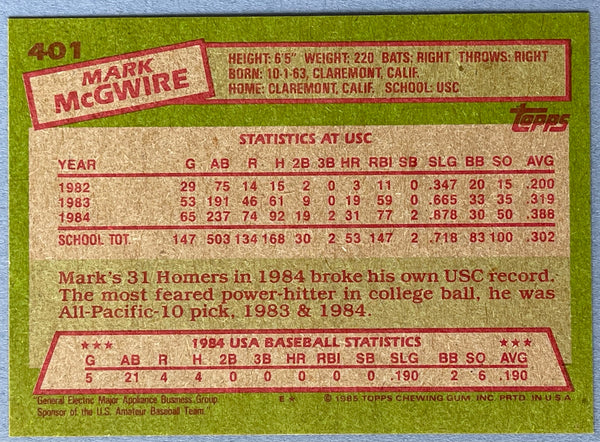Mark McGwire 1985 Topps Team USA Rookie Card #401