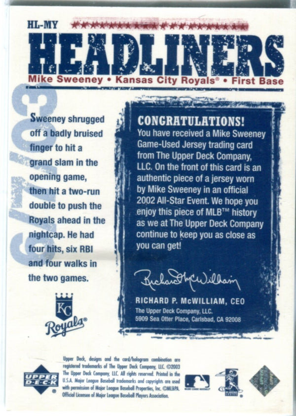 Mike Sweeney 2003 Upper Deck Game Used Jersey Card