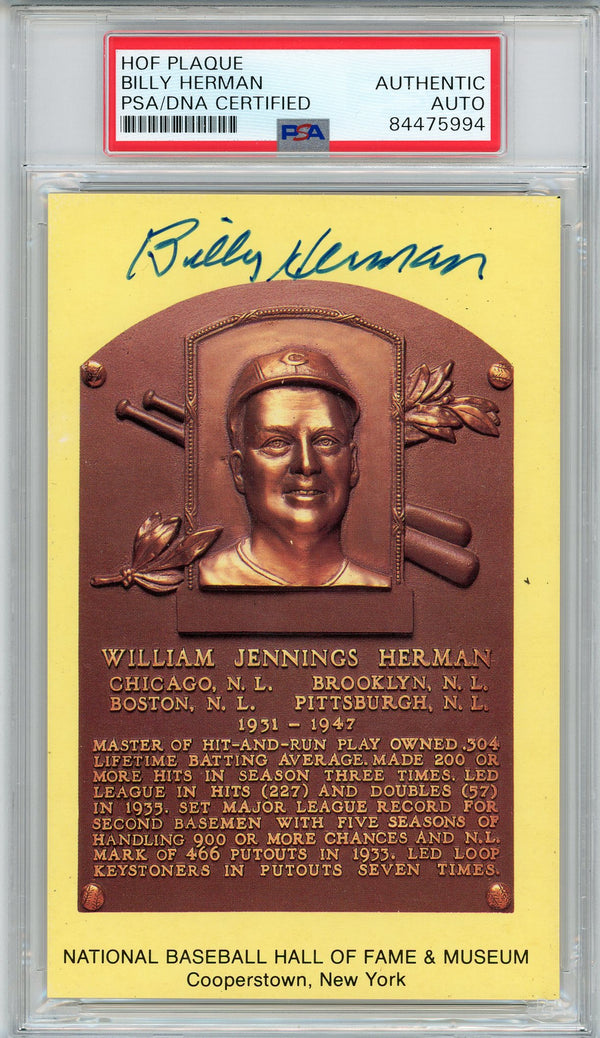 Billy Herman Autographed Hall of Fame Plaque Card (PSA)
