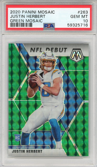 Justin Herbert 2020 Panini Mosaic Green Prizm Rookie Card #263 (PSA Gem Mint 10)