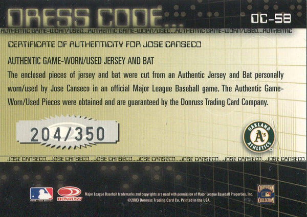 Jose Canseco 2003 Donruss Game-Worn Jersey/Bat Card