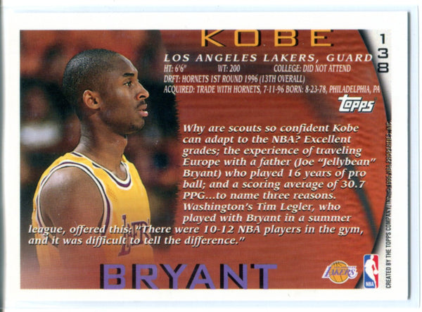 Kobe Bryant 1996-97 Topps Rookie Card #138