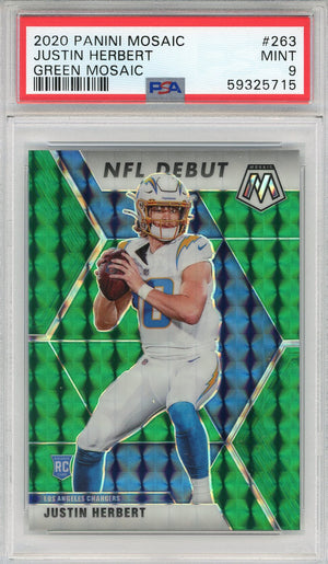 Justin Herbert 2020 Panini Mosaic Green Prizm Rookie Card #263 (PSA Mint 9)