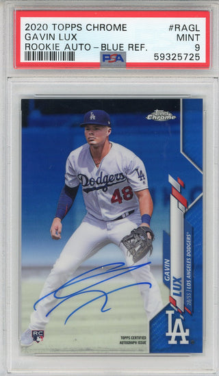 Gavin Lux Autographed 2020 Topps Chrome Blue Refractor Rookie Card #RAGL (PSA Mint 9)