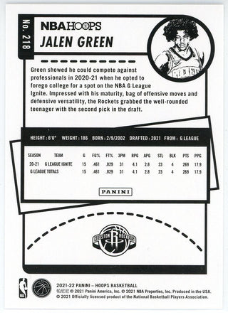 Jalen Green 2021-22 Panini Hoops Rookie Card #218