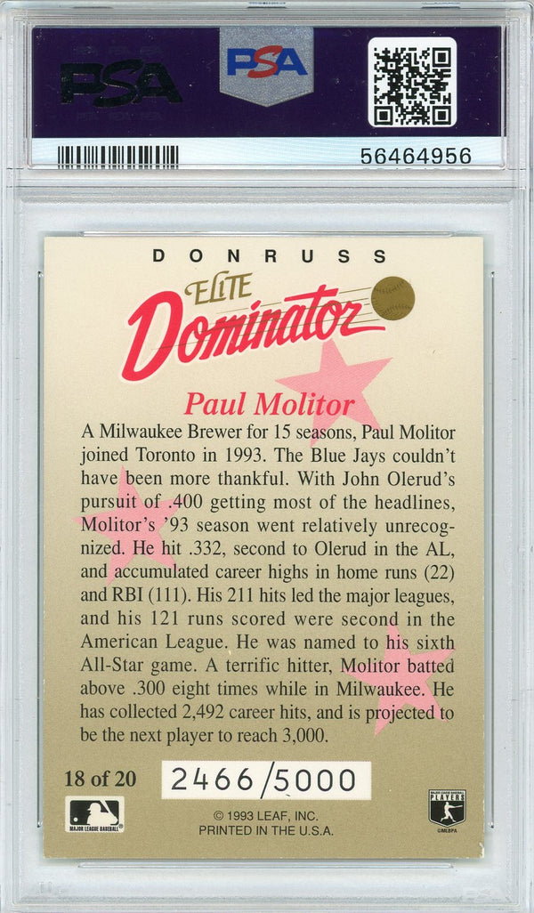 Paul Molitor Autographed 1993 Donruss Elite Dominator Card #18 (PSA Auto 9)