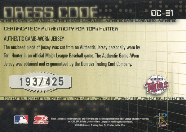 Torii Hunter 2003 Donruss Game-Worn Jersey Card #193/425