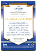 Joe Mauer Topps 2012 All Star Game jersey Card