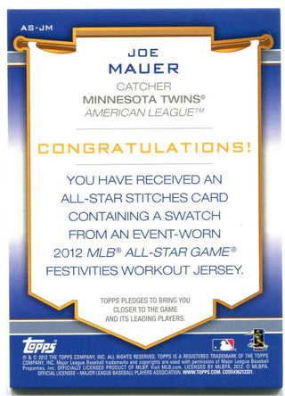 Joe Mauer Topps 2012 All Star Game jersey Card