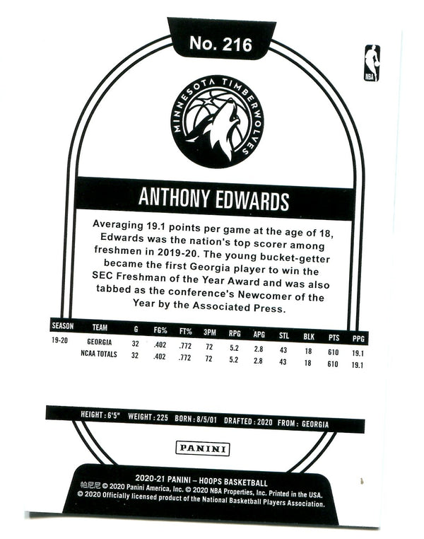 Anthony Edwards 2020-21 Panini NBA Hoops #216 Card