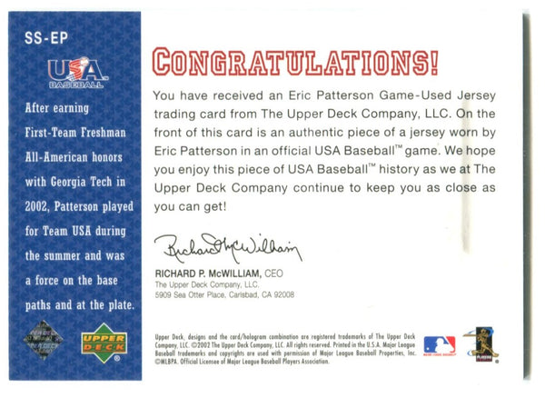 Eric Patterson Upper Deck USA Baseball Star Spangled Swatches Jersey Card SS-EP