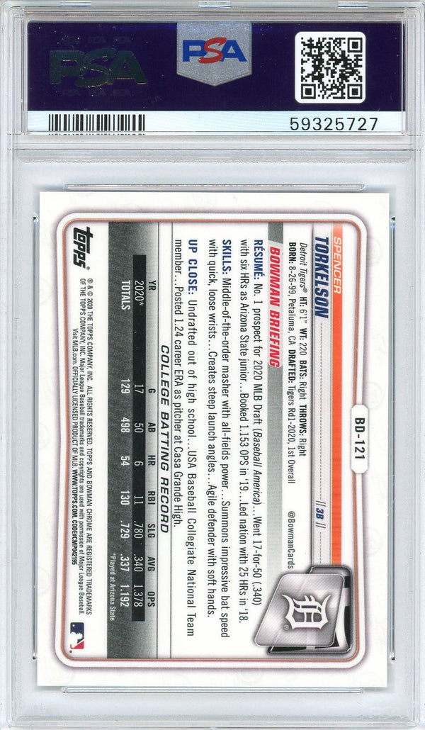 Graded 2020 Bowman Draft Spencer Torkelson #BD121 Rookie RC Baseball Card  PSA 10 Gem Mint 