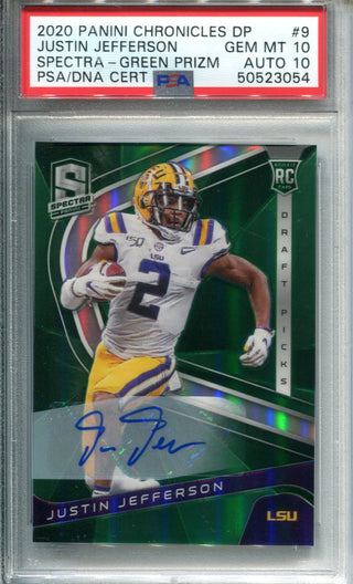 Justin Jefferson 2020 Panini Chronicles Draft Picks Spectra Green Prizm Autographed Rookie Card 4/5 (PSA GEM MT 10, Auto 10)