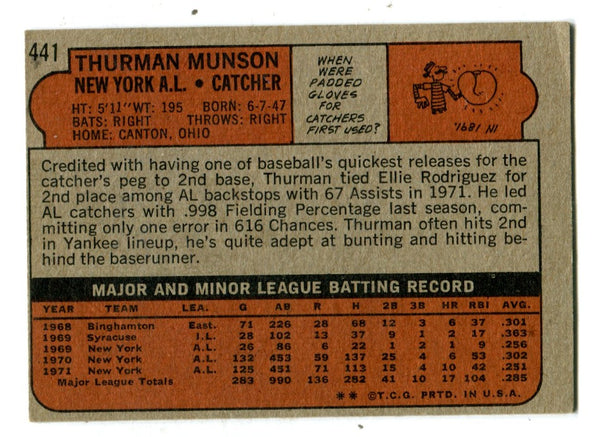 Thurman Munson 1972 Topps # 441 Card