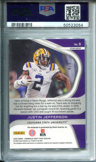 Justin Jefferson 2020 Panini Chronicles Draft Picks Spectra Green Prizm Autographed Rookie Card 4/5 (PSA GEM MT 10, Auto 10)
