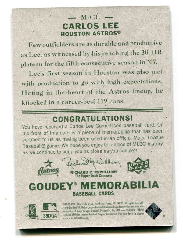 Carlos Lee 2008 Upper Deck Goudey Memorabilia #MCL Bat Card