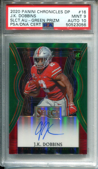 JK Dobbins 2020 Panini Chronicles Draft Picks Spectra Green Prizm Autographed Rookie Card 1/5 (PSA Mint 9, Auto 10)