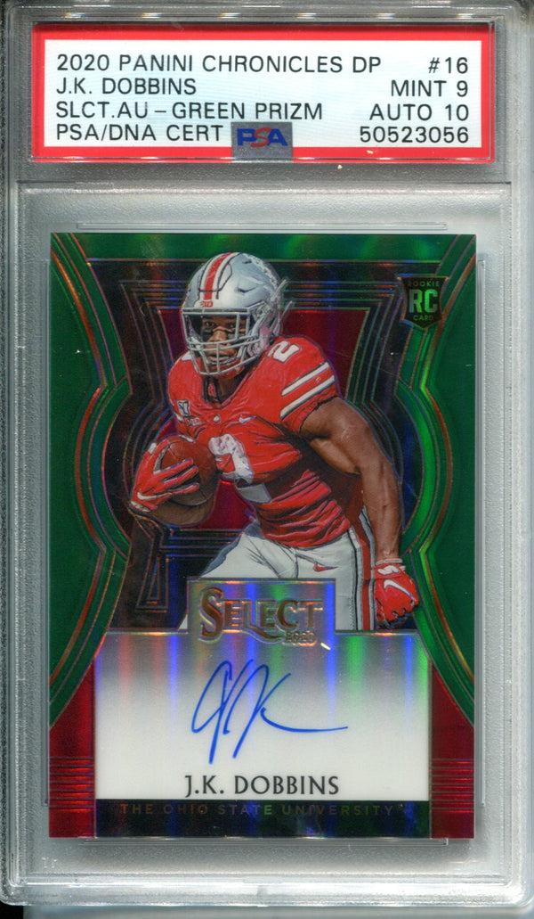 JK Dobbins 2020 Panini Chronicles Draft Picks Spectra Green Prizm Autographed Rookie Card 1/5 (PSA Mint 9, Auto 10)