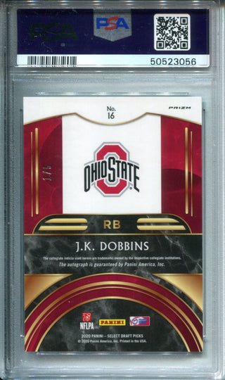JK Dobbins 2020 Panini Chronicles Draft Picks Spectra Green Prizm Autographed Rookie Card 1/5 (PSA Mint 9, Auto 10)