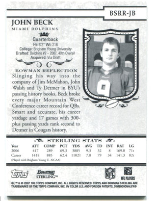 2007 John Beck Bowman Sterling Rookie Jersey Card BSRR-JB