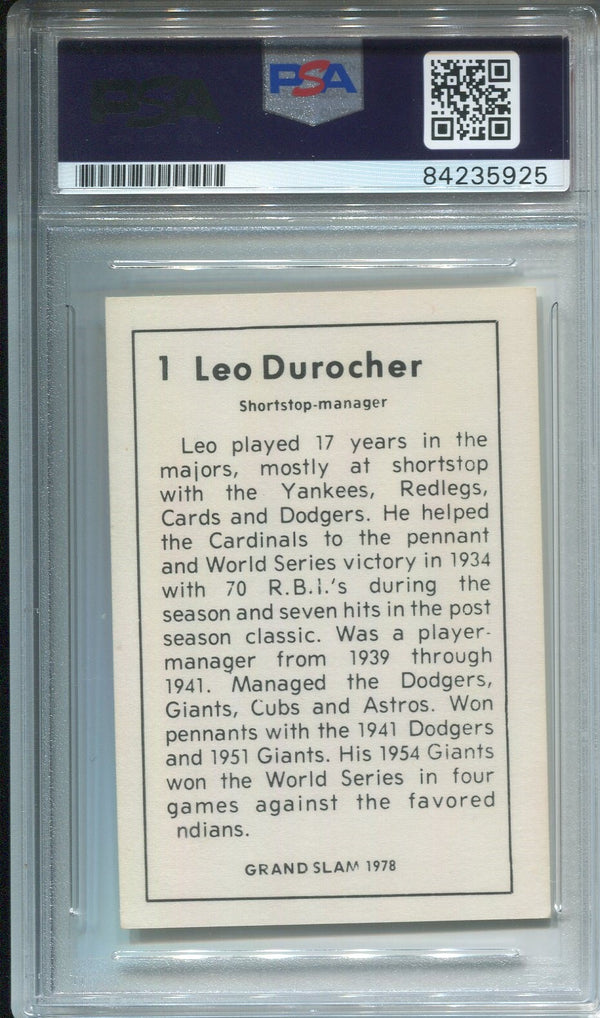 Leo Durocher Dodgers Grand Slam 1978 Autographed Card (PSA)