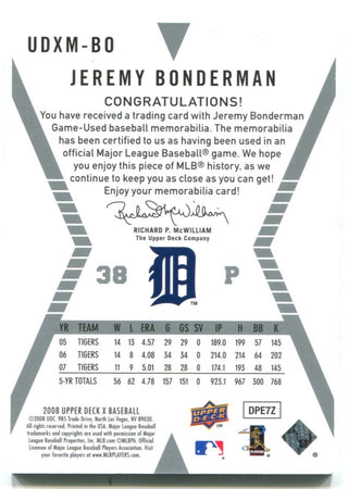 Jeremy Bonderman Upper Deck X Jersey Card 2008