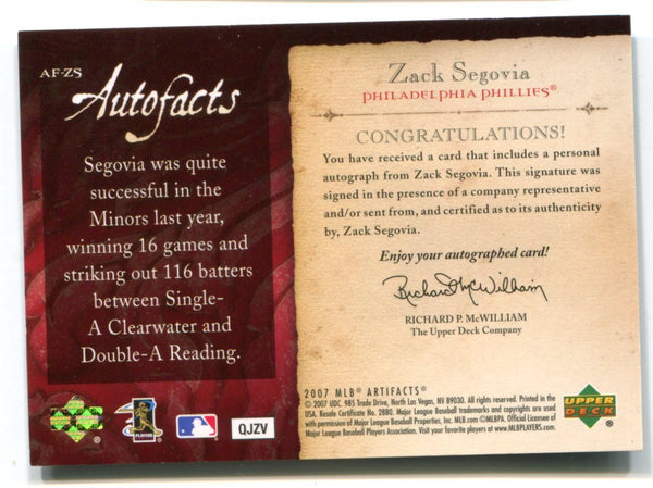 Zack Segouia 2007 Upper Deck Autofacts #AFZS Autographed Card