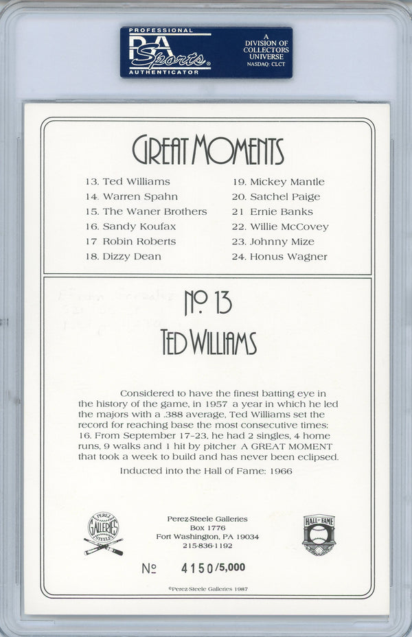 Ted Williams Autographed 1987 Perez Steele Great Moments Card (PSA)