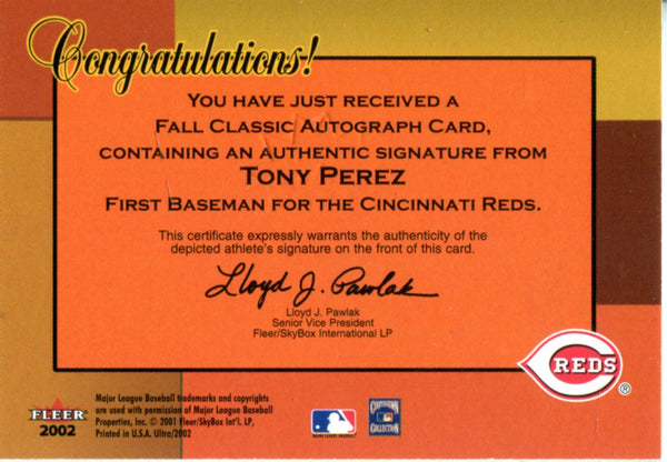 Tony Perez 2002 Fleer Autographed Card 72/160