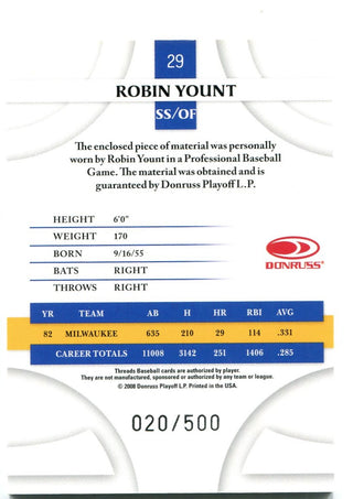 Robin Yount Donruss Threads jersey Card 2008 020/500