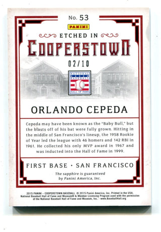 Orlando Cepeda 2015 Panini Etched in Cooperstown Sapphire Card #53 02/10