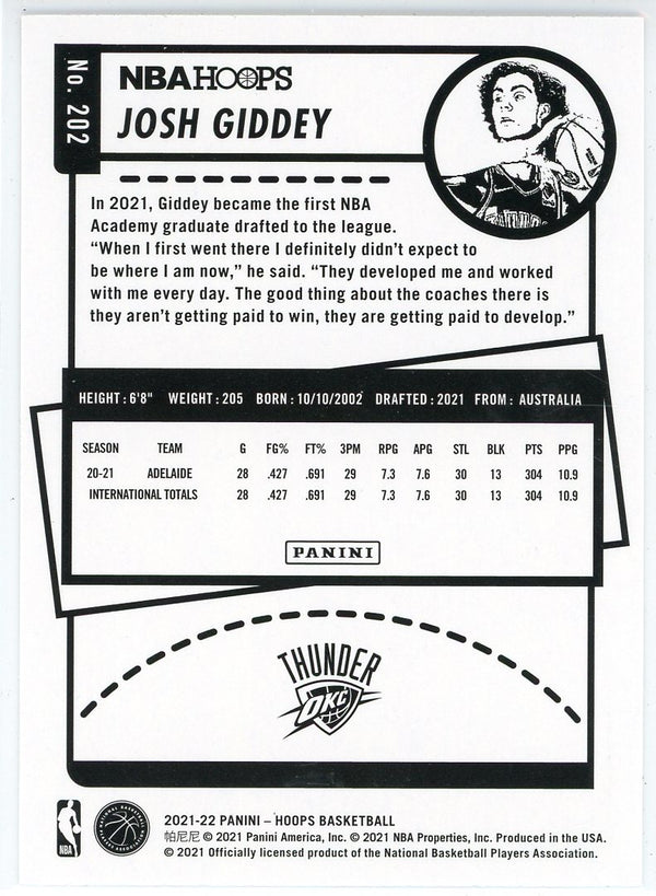 Josh Giddey 2021-22 Panini Hoops Rookie Card #202