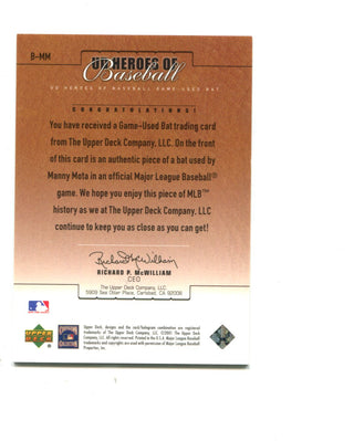 Manny Mota UD Heroes of Baseball 2001 Game Used Bat Card #B-MM
