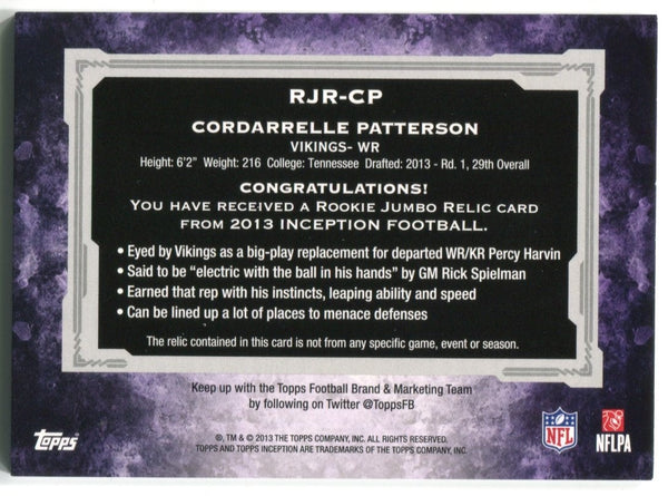 Cordarrelle Patterson 2013 Topps Inception Jumbo Jersey Relic Rookie Card