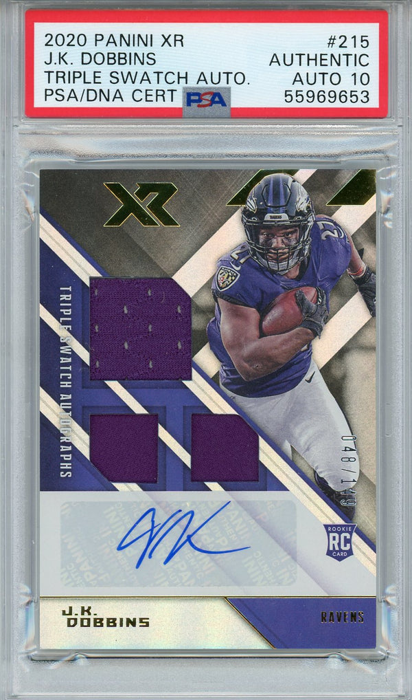 JK Dobbins Autographed 2020 Panini XR Triple Swatch Jersey Rookie Card (PSA Auto 10)