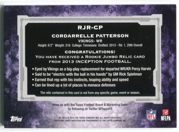 Cordarrelle Patterson 2013 Topps Inception Purple Jumbo Jersey Relic Rookie Card