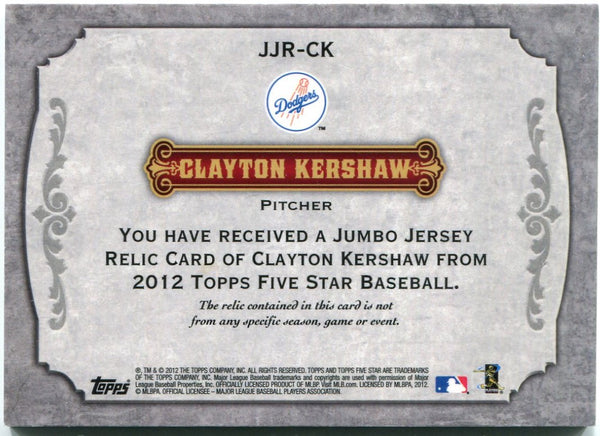 Clayton Kershaw Topps Five Star Jumbo Relic Jersey Card 45/92 2012