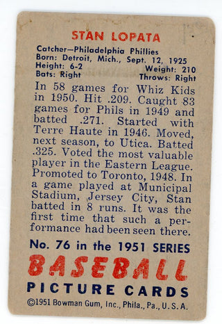 Stan Lopata 1951 Bowman Card #76